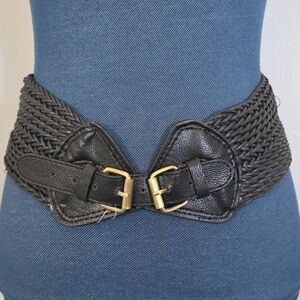 Vintage Black Leatherette Wide Basket Weave Adjustable Buckle Belt